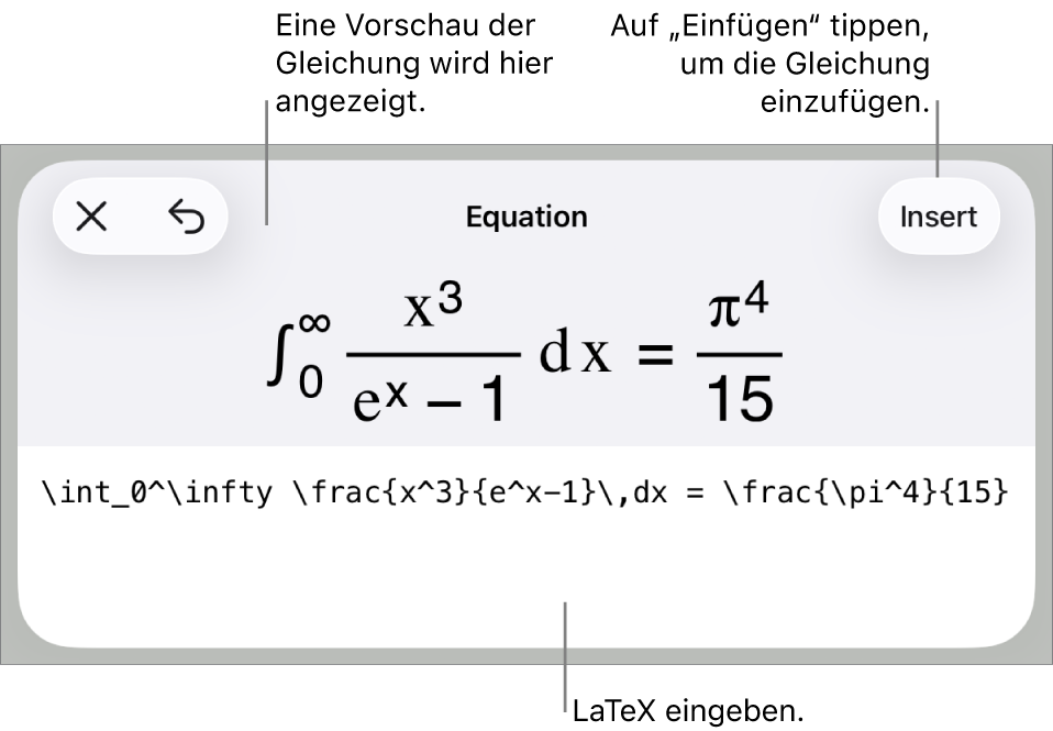 Im Dialogfenster „Gleichung“ wird eine Gleichung angezeigt, die mit LaTex-Befehlen geschrieben wurde, darüber wird eine Vorschau der Formel angezeigt.