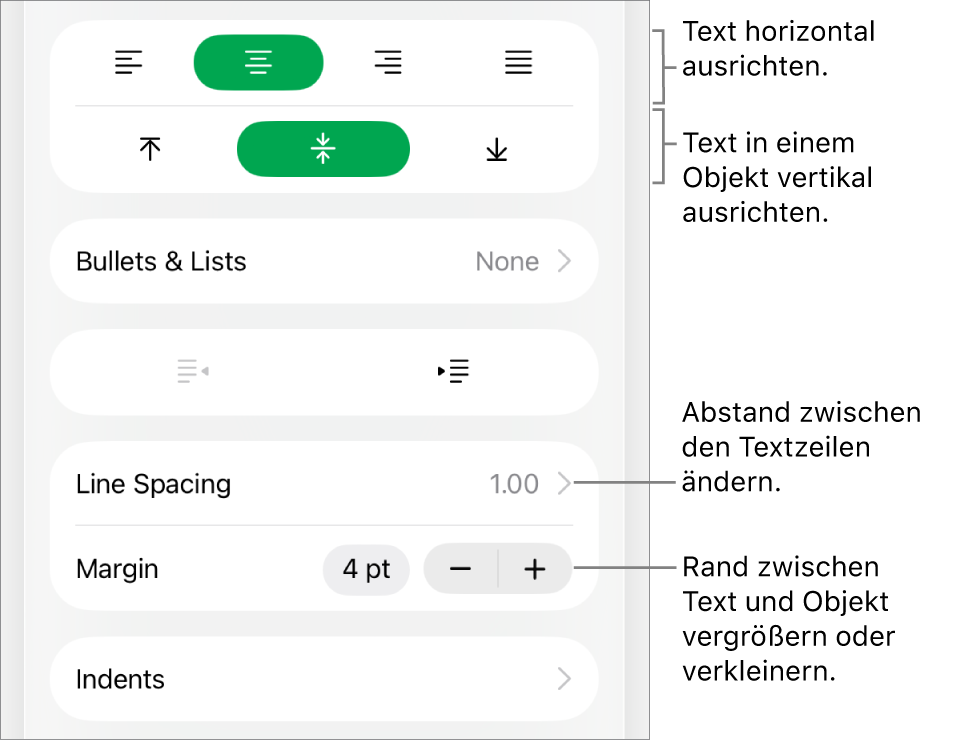 Der Abschnitt „Layout“ im Informationsfenster „Format“ mit Bezugslinien zu den Ausrichtungstasten und zu den Abstandstasten für Text.