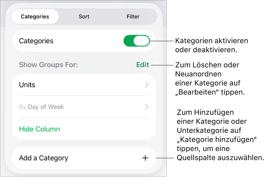 Das Menü „Kategorien“ für iPad mit Optionen zum Deaktivieren von Kategorien, zum Löschen von Kategorien, zum Neugruppieren von Daten, zum Ausblenden einer Quellenspalte und zum Hinzufügen von Kategorien
