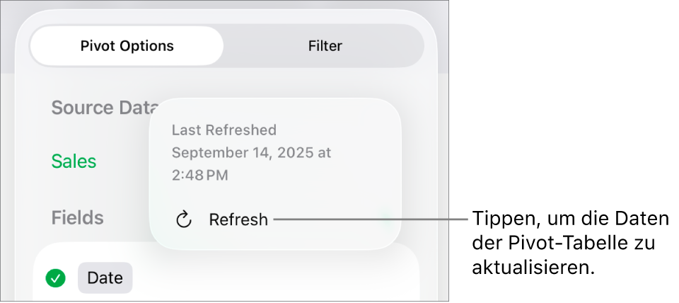 Das Menü „Pivot-Optionen“ mit der Option zum Aktualisieren der Pivot-Tabelle