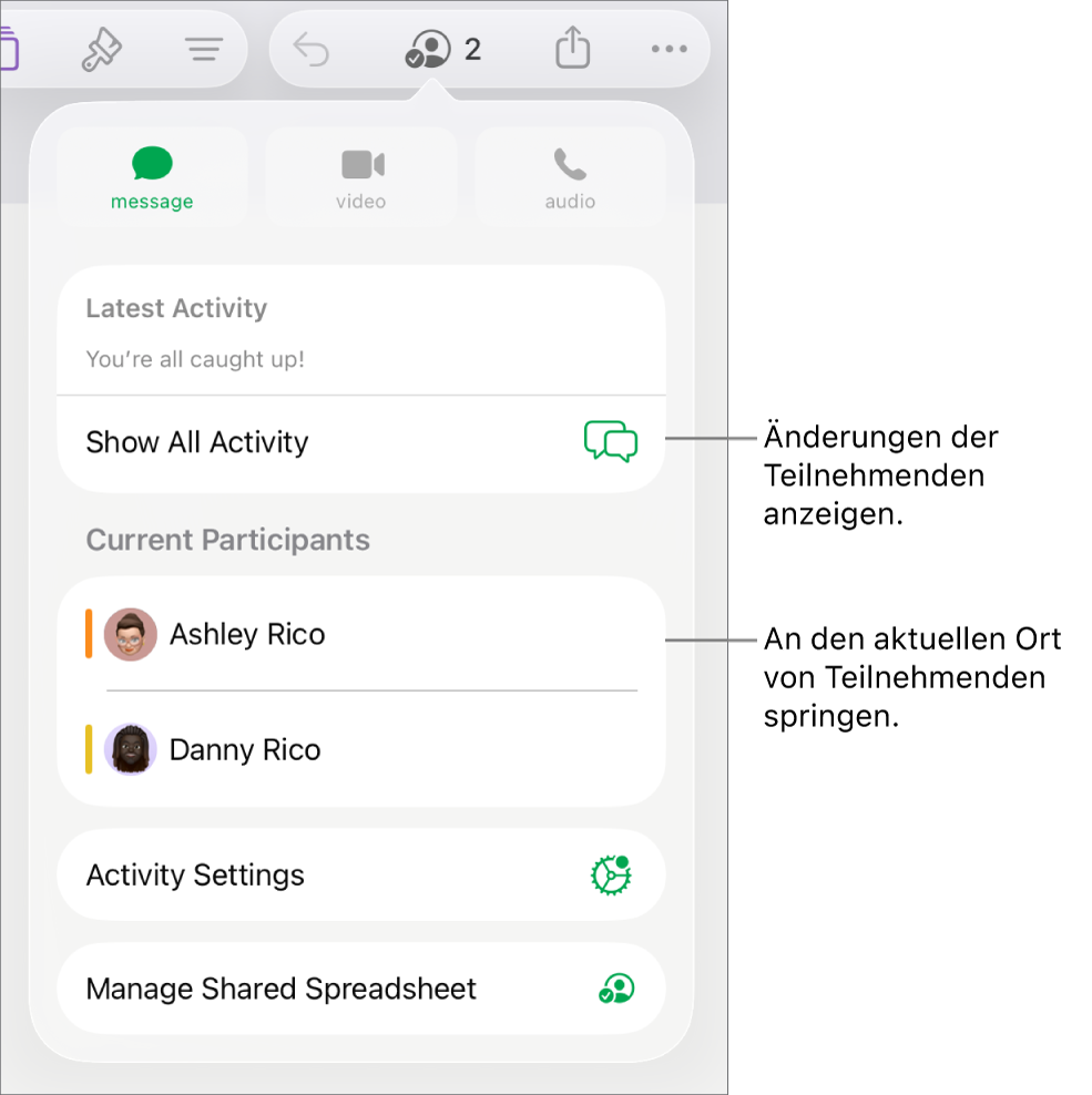 Das Menü „Zusammenarbeiten“ mit einer Liste der aktuellen Teilnehmer:innen.