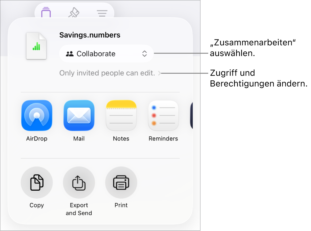 Im Menü „Teilen“ ist „Zusammenarbeiten“ oben ausgewählt und die Einstellungen für Zugriff und Berechtigungen befinden sich darunter.