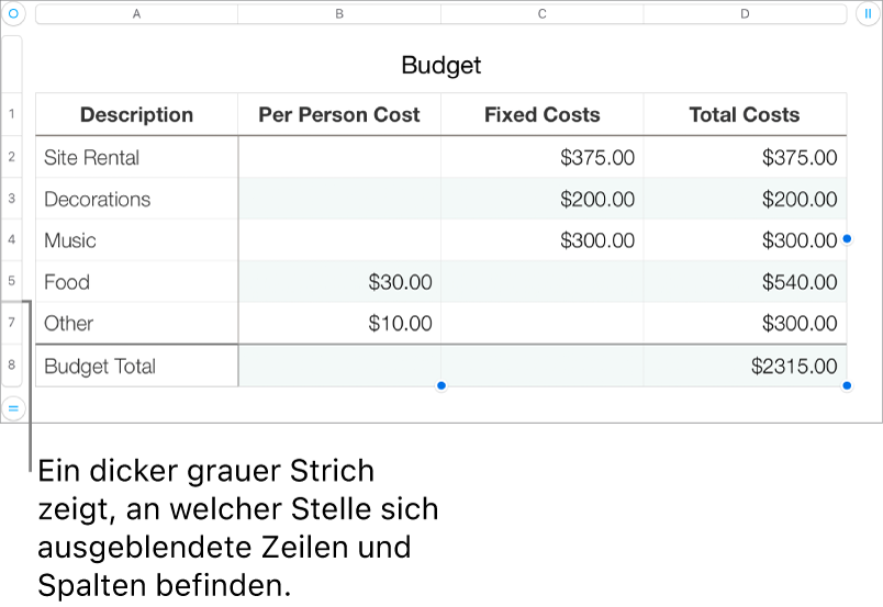 Ein dicker grauer Balken, der die Position von ausgeblendeten Zeilen und Spalten anzeigt