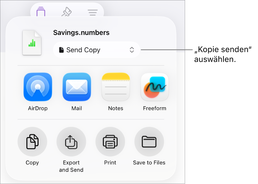 Das Menü „Teilen“, in dem „Kopie senden“ oben ausgewählt ist.