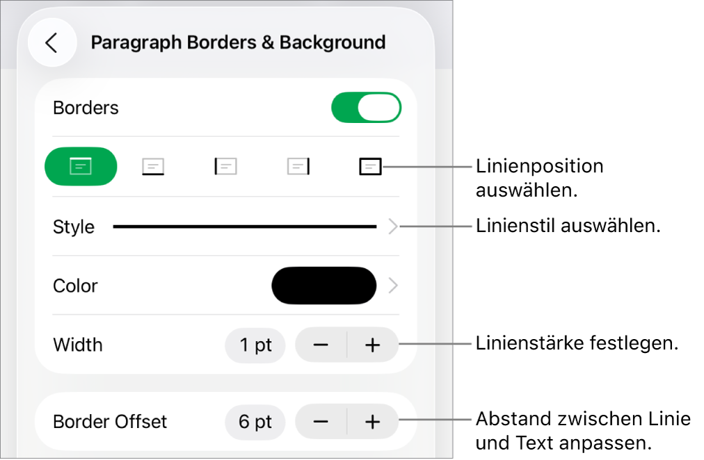 Steuerelemente, um Stil, Stärke, Position und Farbe der Linie zu ändern.