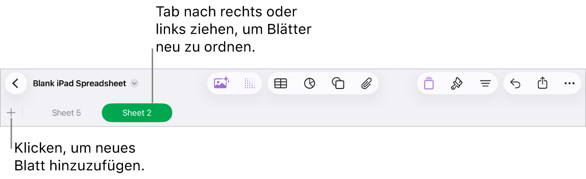 Tableiste zum Hinzufügen eines neuen Blatts und zum Navigieren, Neuanordnen und Neusortieren von Blättern.