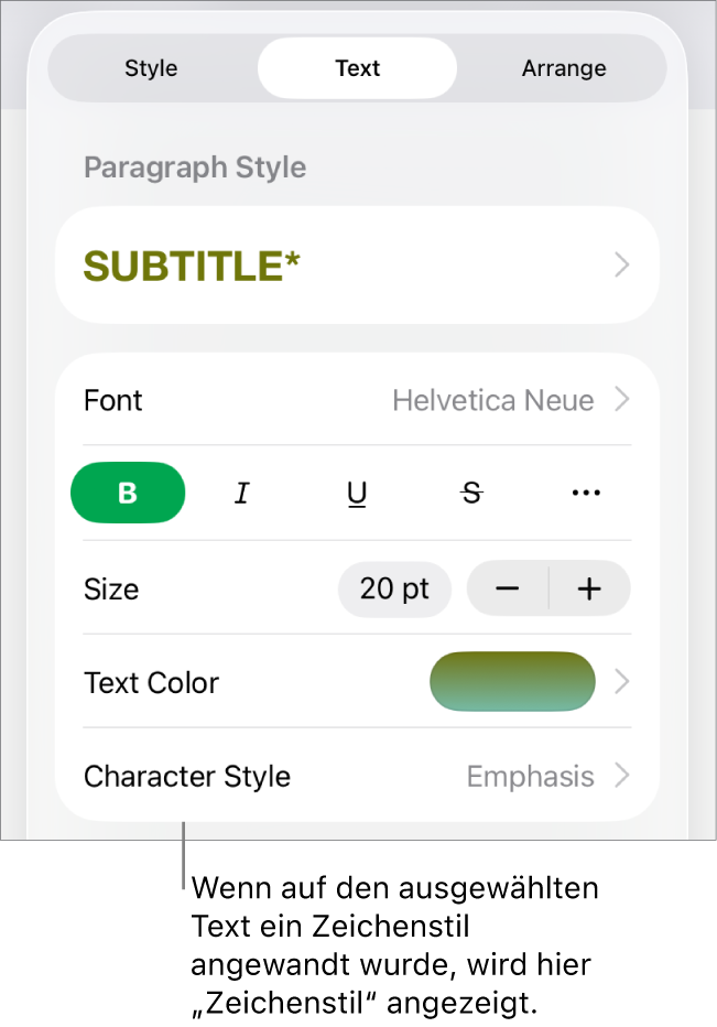 Die Steuerelemente für die Textformatierung mit „Zeichenstil“ unter den Farbsteuerungen Der Zeichenstil „Ohne“ mit einem Stern