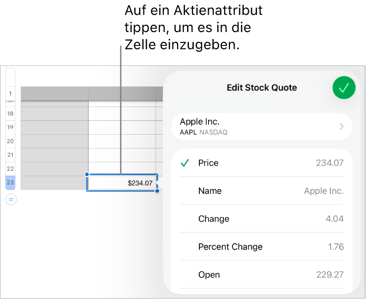 Das Popover „Aktienkurs“ mit dem Aktiennamen oben und den auswählbaren Aktienattributen, darunter aufgelistet sind u. a. der Kurs, der Name, die absolute und die prozentuale Änderung sowie der Eröffnungs- und der Höchstkurs.