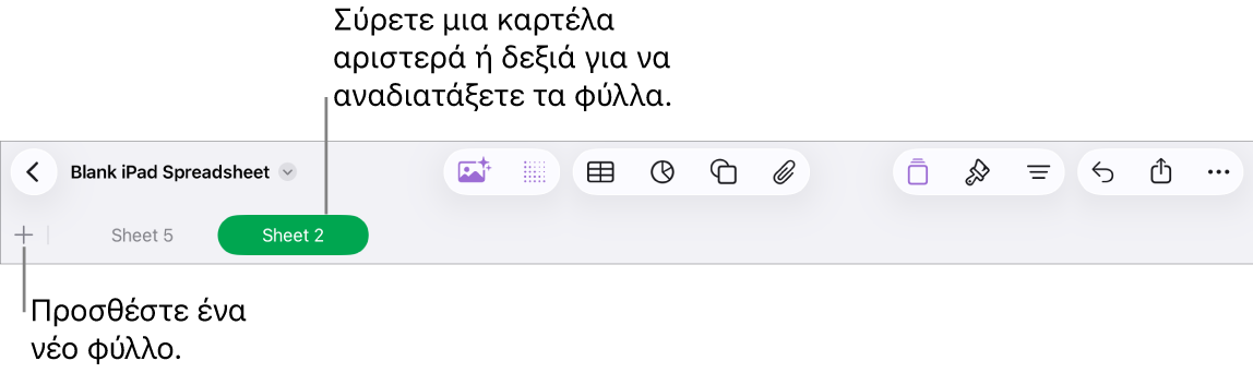 Η γραμμή καρτελών για προσθήκη νέου φύλλου, πλοήγηση, αναδιάταξη και αναδιοργάνωση φύλλων.