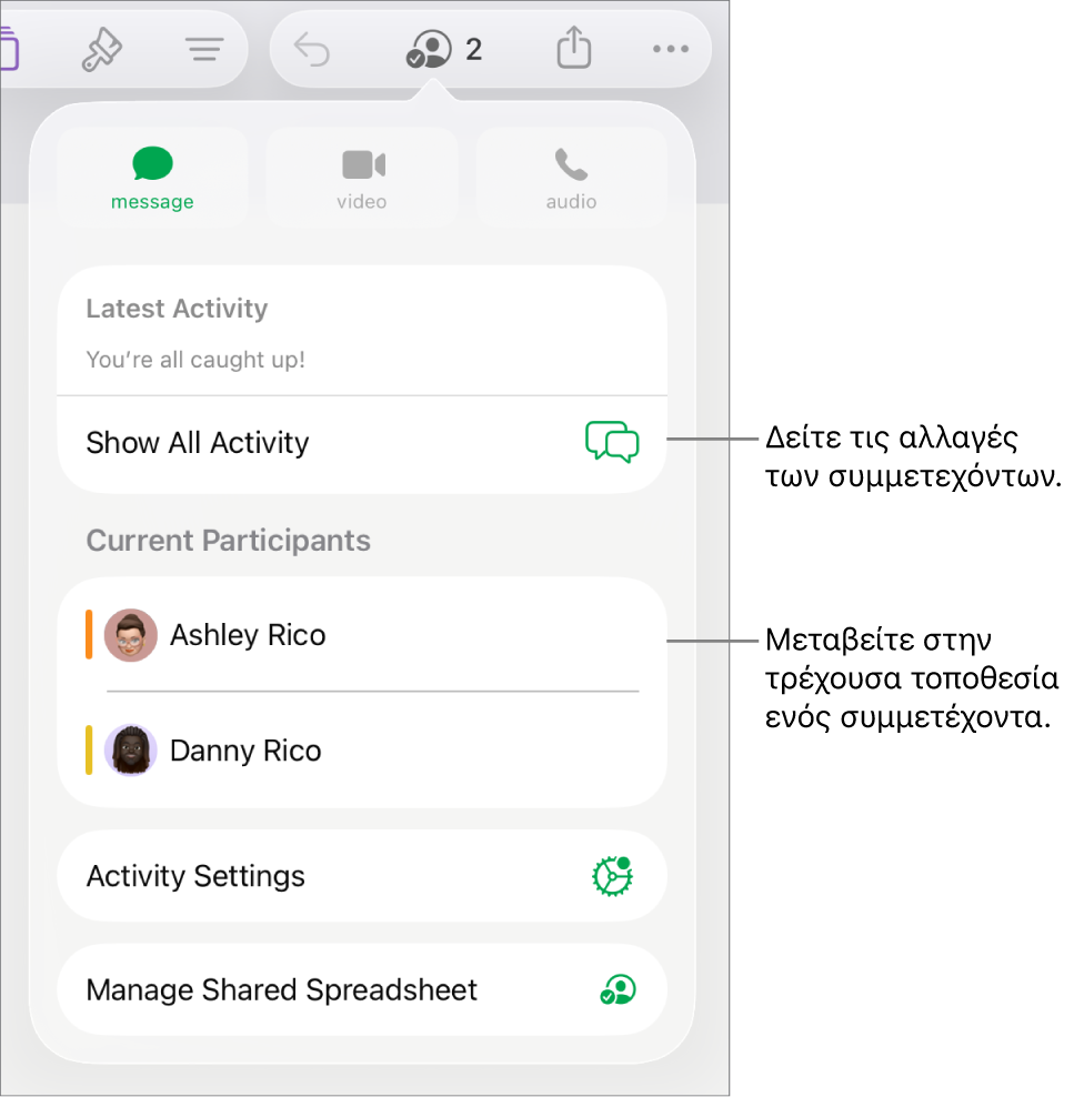 Το μενού συνεργασίας με τους τρέχοντες συμμετέχοντες.