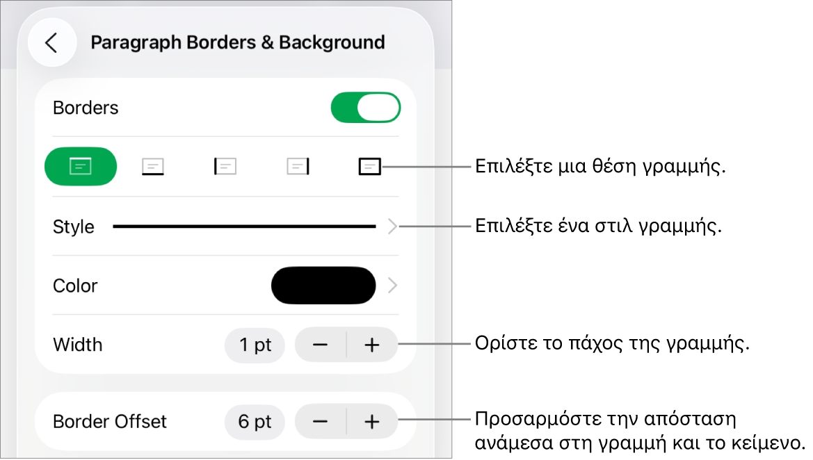 Στοιχεία ελέγχου για την αλλαγή του στιλ, πάχους, θέσης και χρώματος γραμμής.