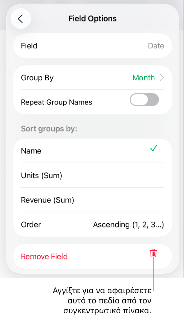Το μενού «Επιλογές πεδίων» όπου εμφανίζονται τα στοιχεία ελέγχου για ομαδοποίηση και ταξινόμηση δεδομένων, καθώς και η επιλογή αφαίρεσης πεδίου.