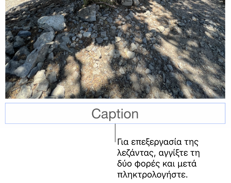 Η λεζάντα δεσμευτικού θέσης, «Λεζάντα», εμφανίζεται κάτω από μια φωτογραφία. Μια μπλε περιγράμμιση γύρω από το πεδίο της λεζάντας δείχνει ότι είναι επιλεγμένη.