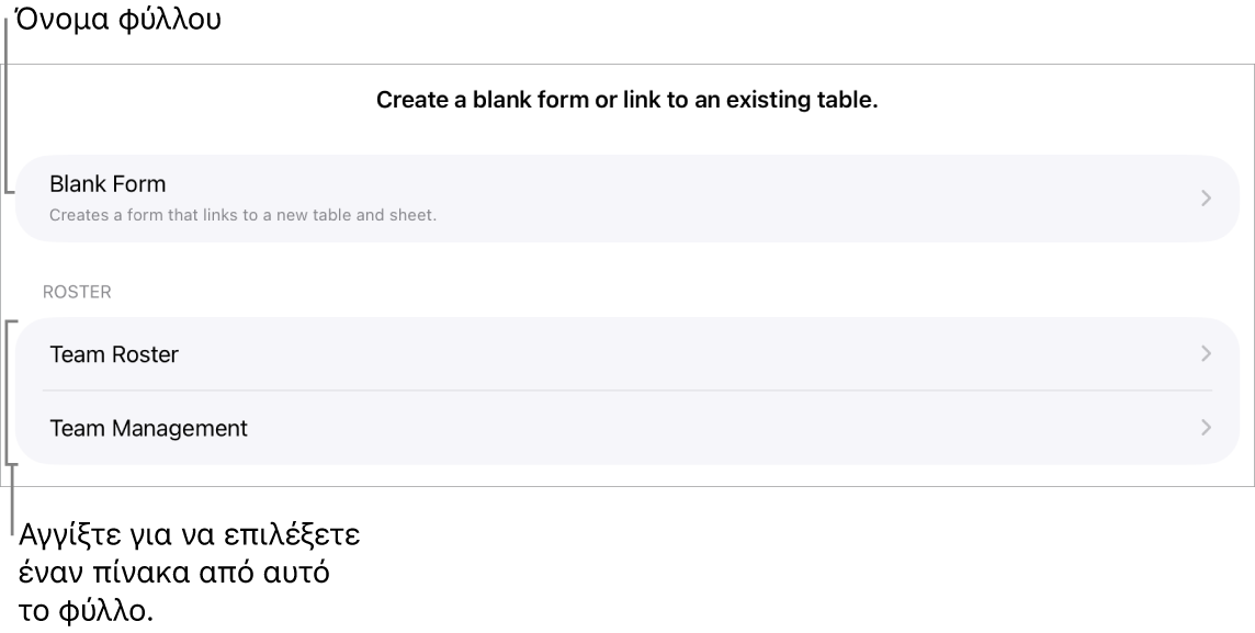 Μια λίστα πινάκων που βρίσκονται στο ίδιο υπολογιστικό φύλλο με την επιλογή δημιουργίας μιας κενής φόρμας στο πάνω μέρος.