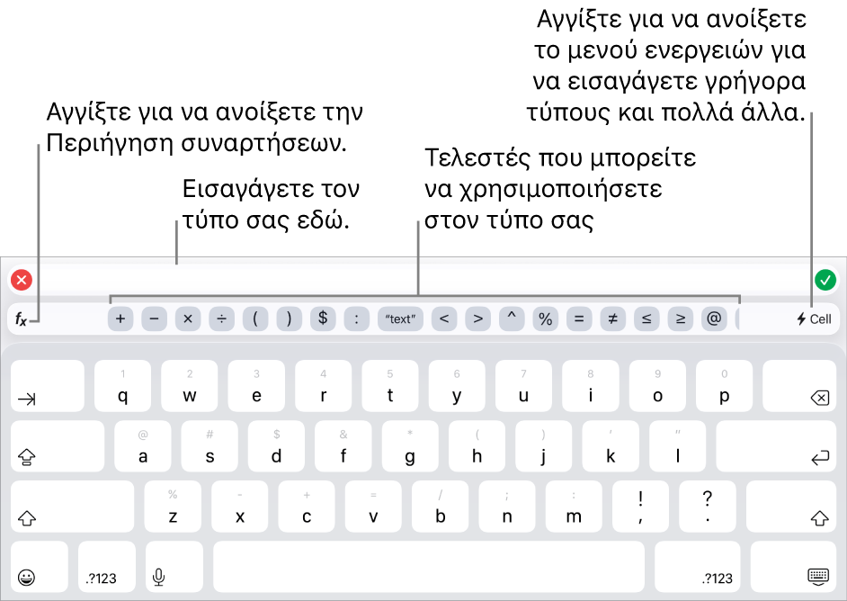 Το πληκτρολόγιο τύπων, με τον Επεξεργαστή τύπων στο πάνω μέρος και τους τελεστές που χρησιμοποιούνται σε τύπους από κάτω. Το κουμπί «Συναρτήσεις» για το άνοιγμα της Περιήγησης συναρτήσεων στα αριστερά των τελεστών και το κουμπί μενού «Ενέργεια» στα δεξιά.
