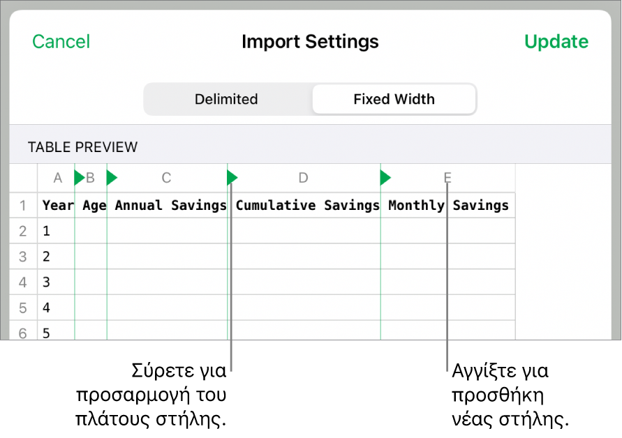 Οι ρυθμίσεις εισαγωγής για ένα αρχείο κειμένου σταθερού πλάτους.