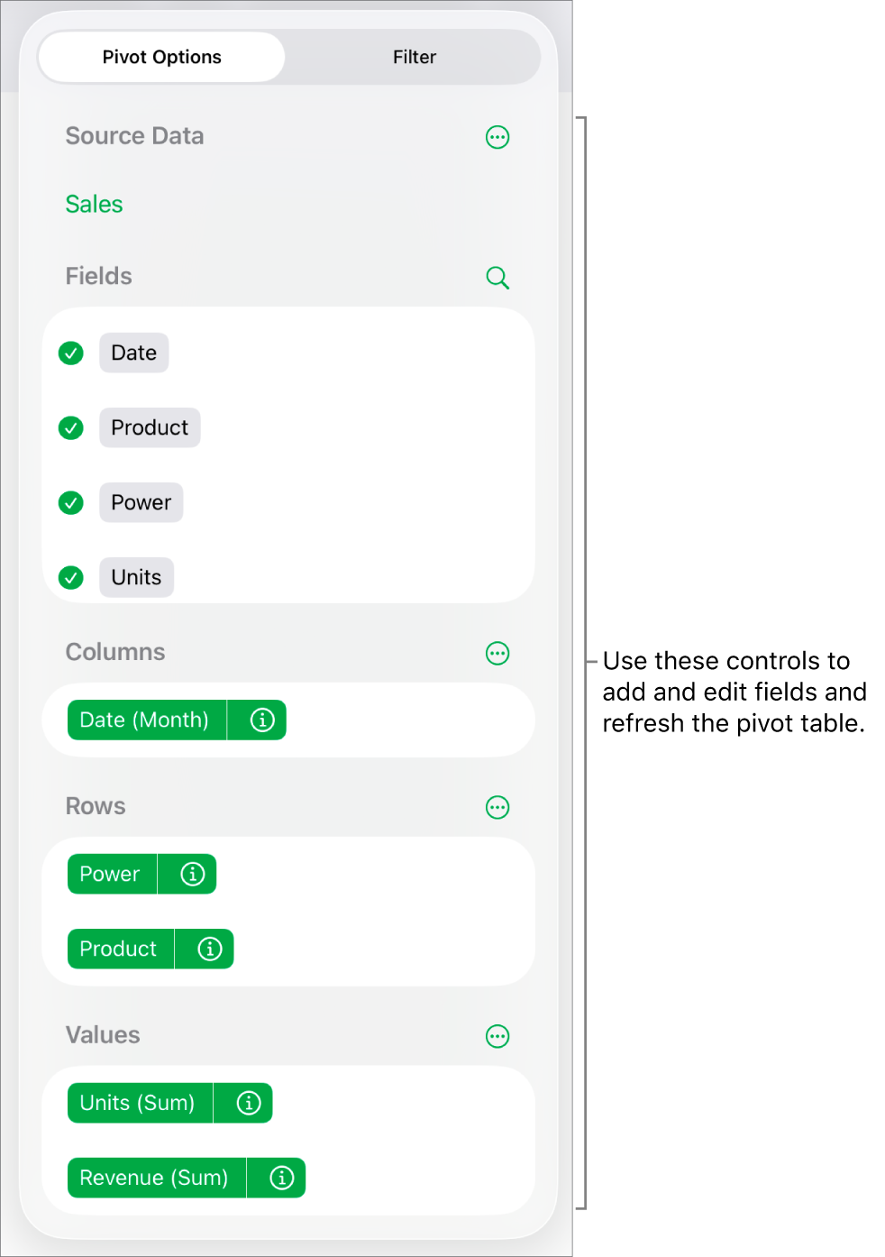 The Pivot Options menu showing fields in the Columns, Rows and Values sections, as well as controls to edit the fields.