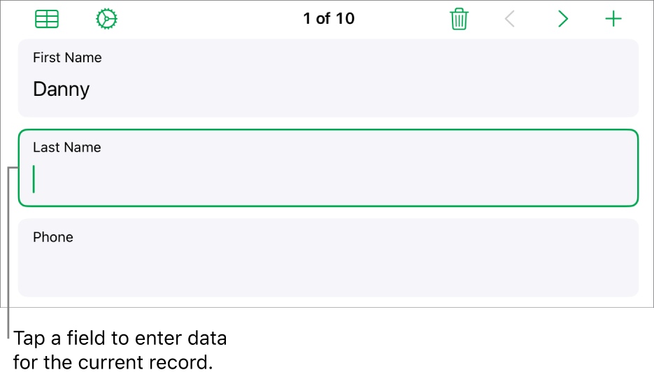A record in a form showing an active field with an insertion point.