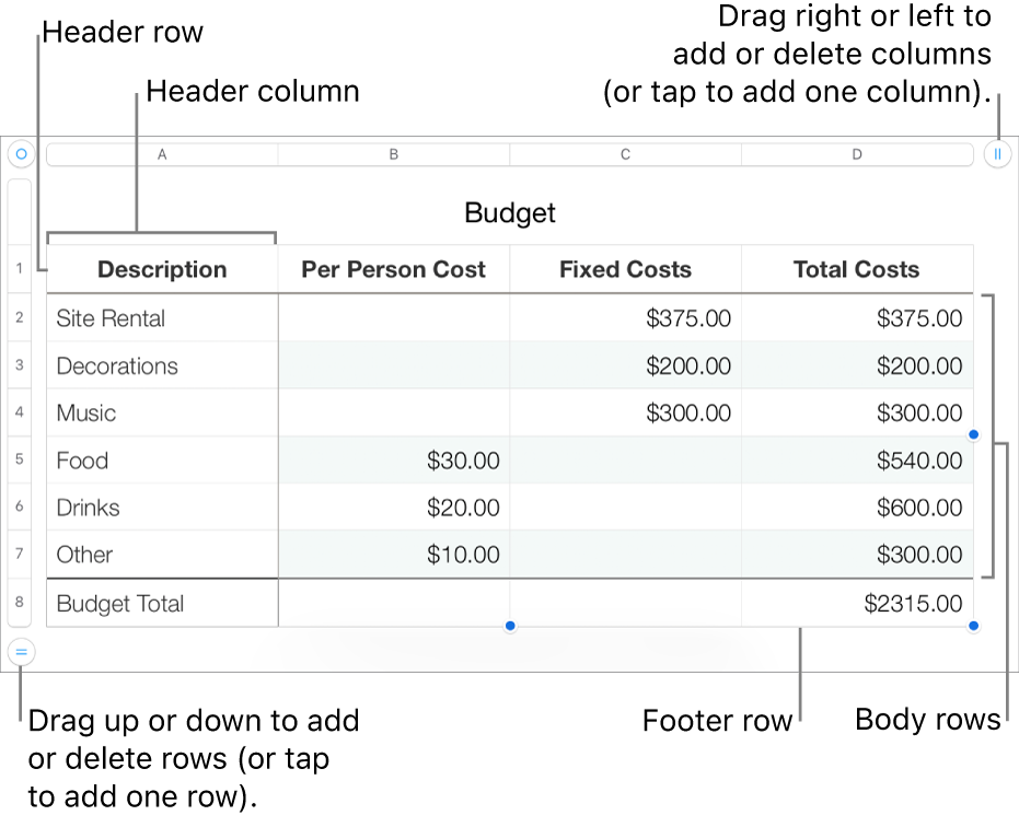 A table showing header, body and footer rows and columns, and handles for adding or deleting rows or columns.
