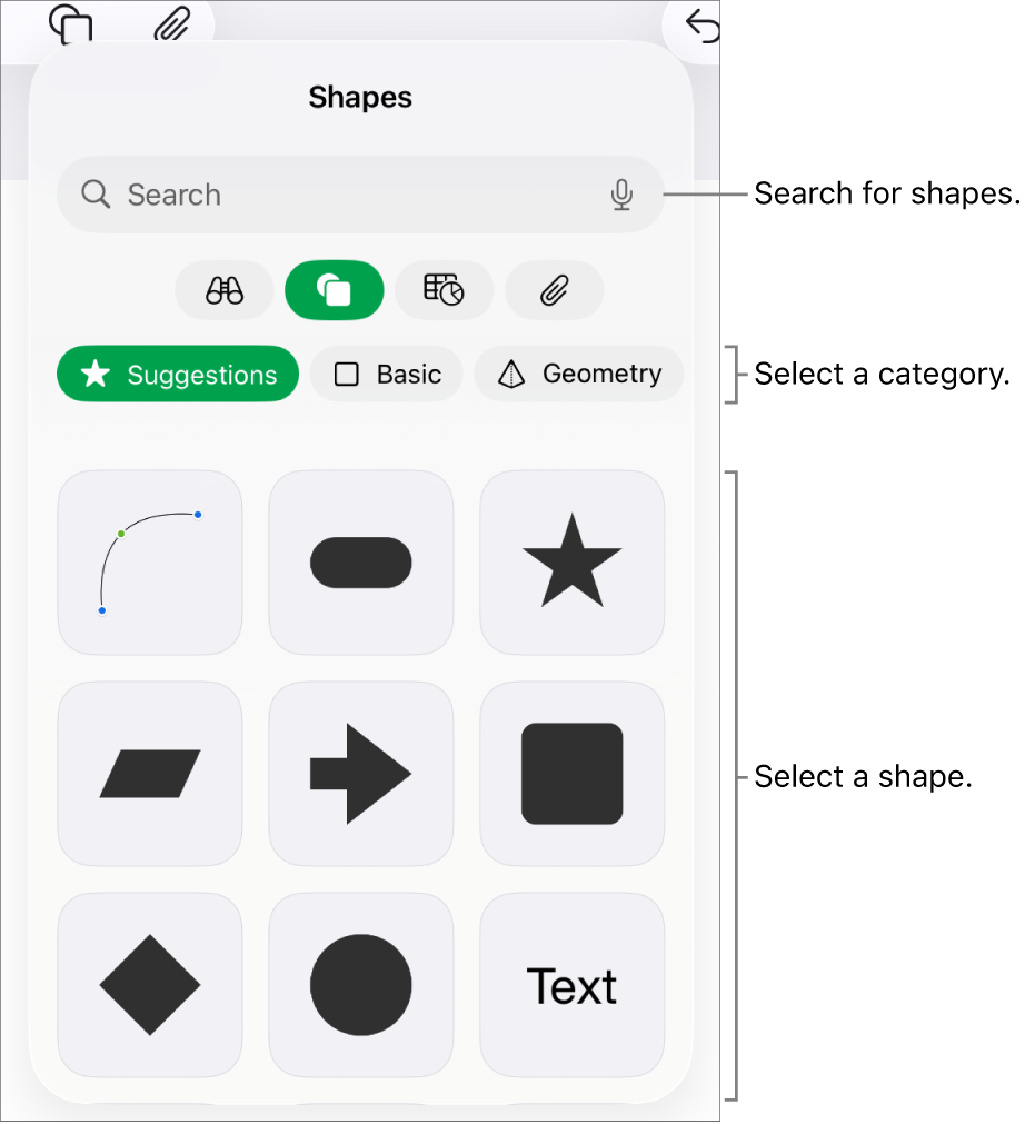The shapes library, with categories at the top and shapes displayed below. You can use the search field at the top to find shapes and swipe to see more.