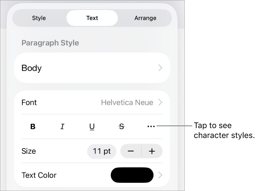 The Format controls with paragraph styles at the top, then Font controls. Below Font are the Bold, Italic, Underline, Strikethrough and More Text Options buttons.