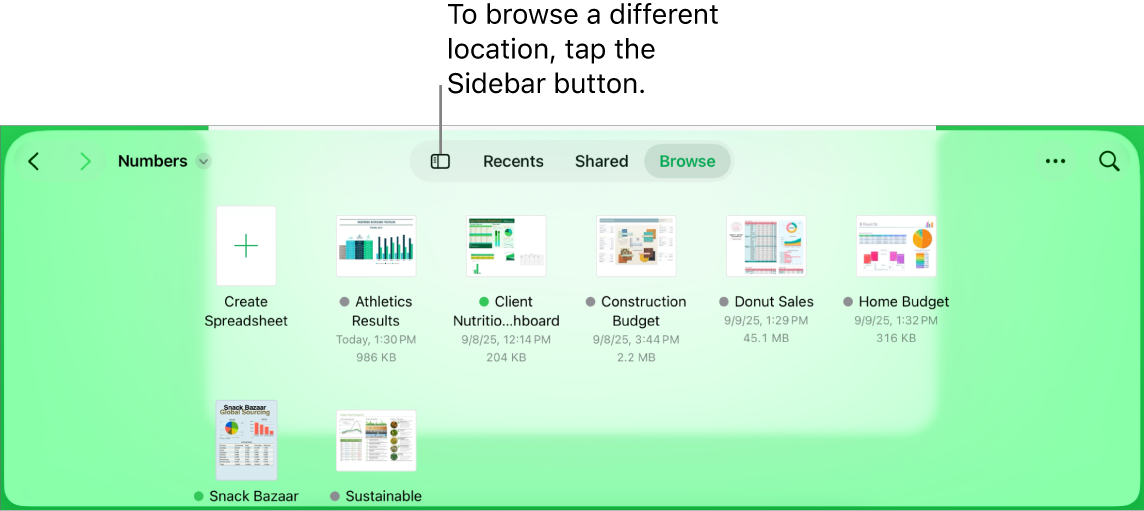 The browse view of the document manager with the Sidebar button in the top-left corner. At the top right are the Add button, the New Folder button, the Icons button (to sort by name, date, size or tag), the Select button and the Search button.
