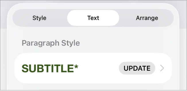 A paragraph style with an asterisk next to it and an Update button on the right.