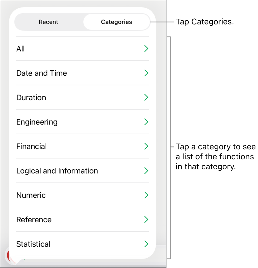 The Functions Browser with the Categories button selected and the list of categories below.