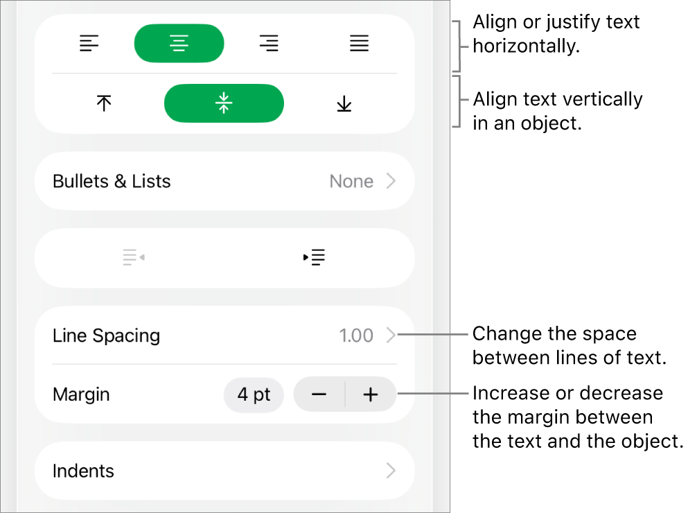 The Layout section of the Format inspector with call outs to the text alignment and spacing buttons.