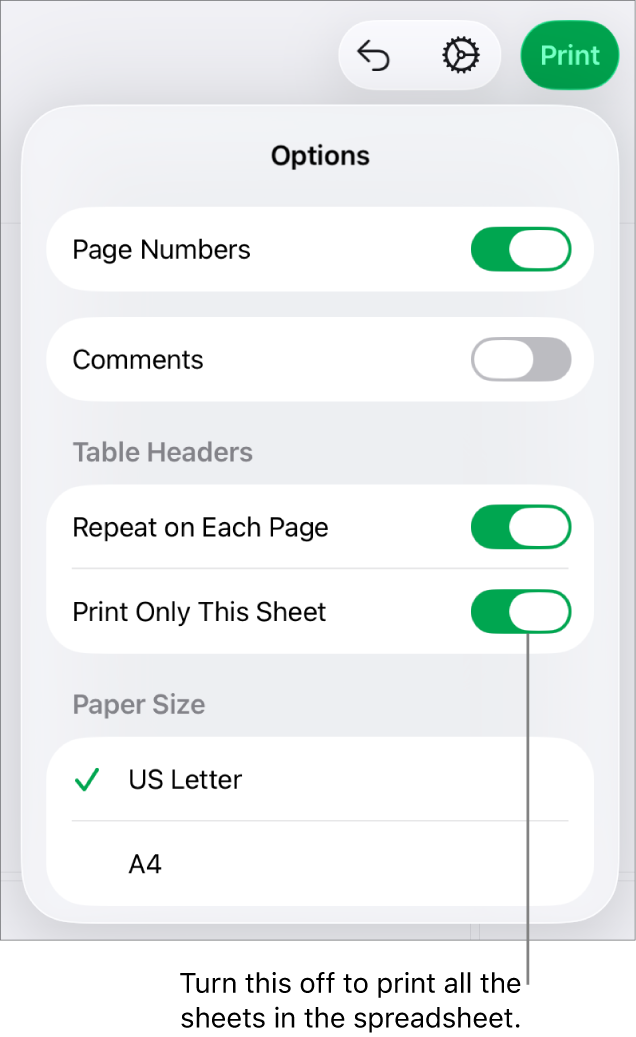 The print preview pane, with controls for showing page numbers, repeating headers on each page, changing the paper size and choosing to print the entire spreadsheet or only the current sheet.
