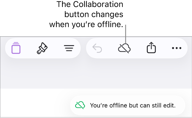 The buttons at the top of the screen, with the Collaboration button changed to a cloud with a diagonal line through it. An alert on the screen says “You’re offline but can still edit”.