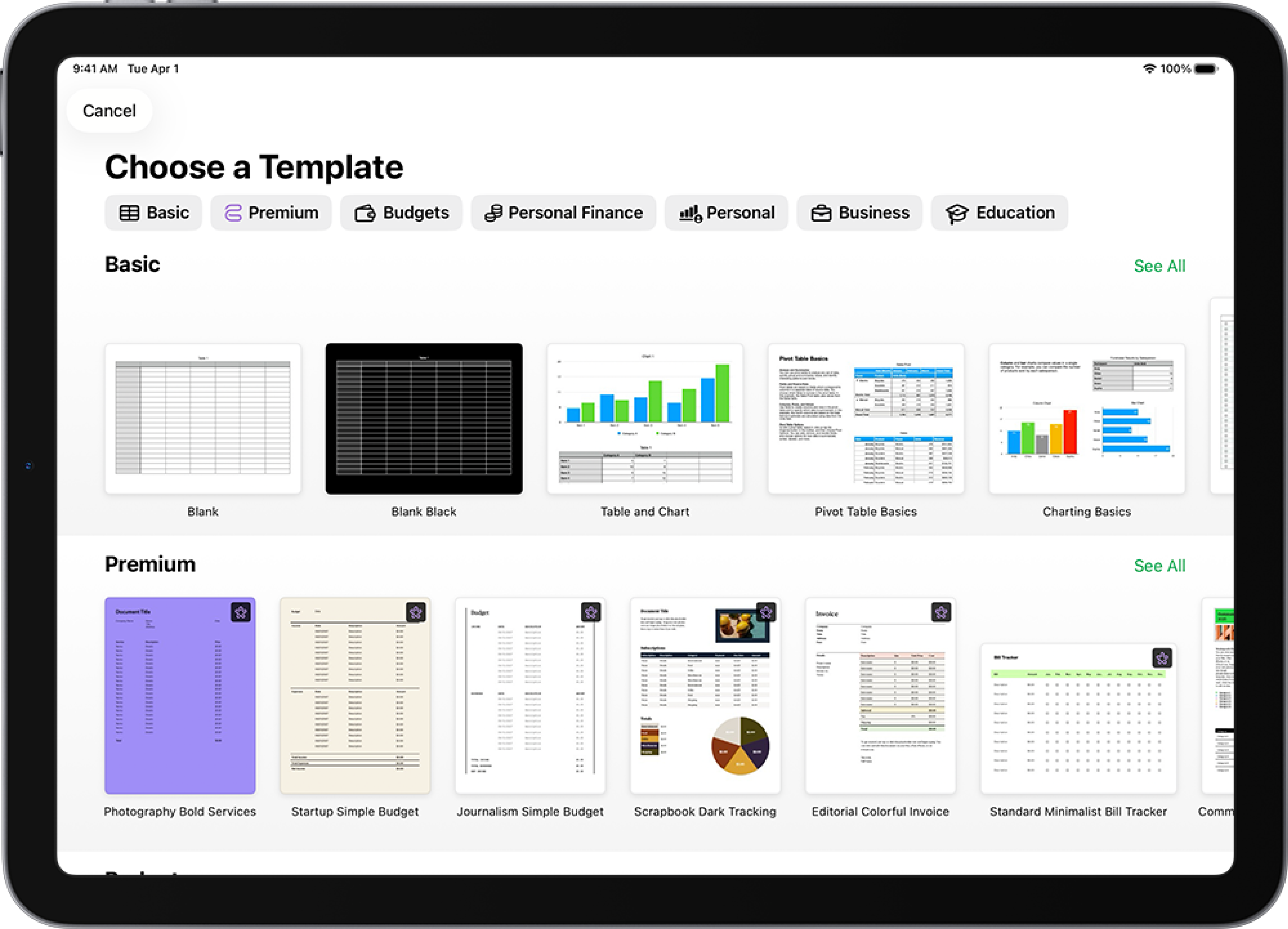 The template chooser, showing a row of categories across the top that you can tap to filter the options. Below are thumbnails of pre-designed templates arranged in rows by category, starting with Recents at the top and followed by Basic and Personal Finance. A See All button appears above and to the right of each category row. The Language and Region button is in the top-right corner.