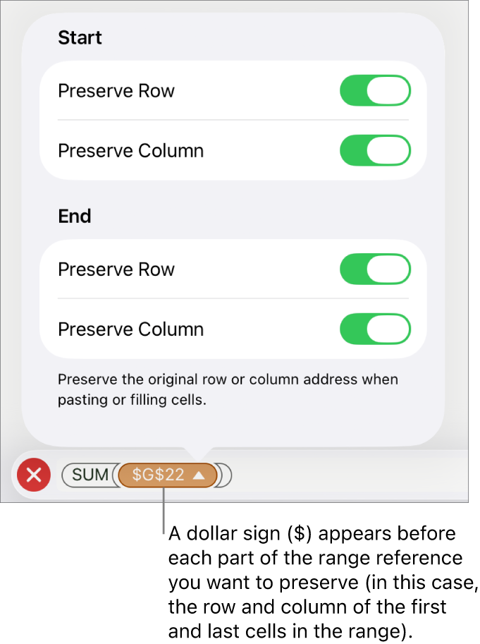 The controls for specifying which of a cell’s row and column references should be preserved if the cell is moved or copied. A dollar sign appears before each part of the range reference you want to preserve.