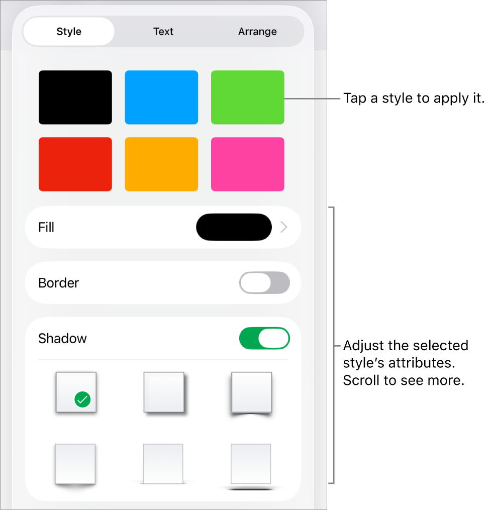 The Style tab of the Format menu, with object styles at the top and controls below them to change the fill, border and shadow.