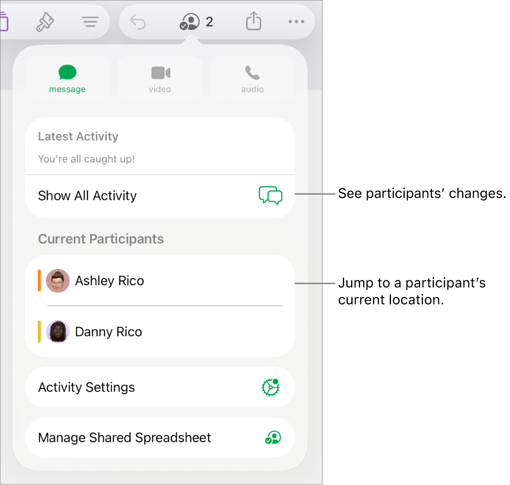 The collaboration menu with current participants listed.
