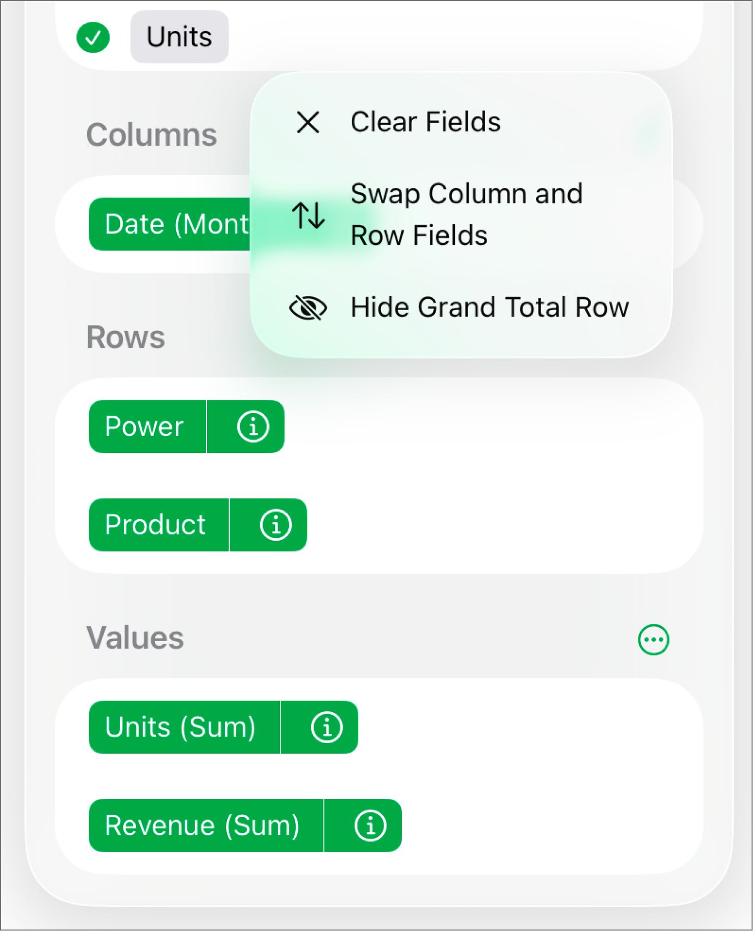 The More Field Options menu, showing the controls to hide grand totals, swap column and row fields, and clear fields.