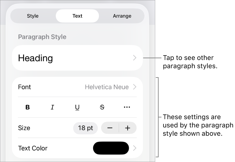 The Format menu showing text controls for setting paragraph and character styles, font, size and colour.