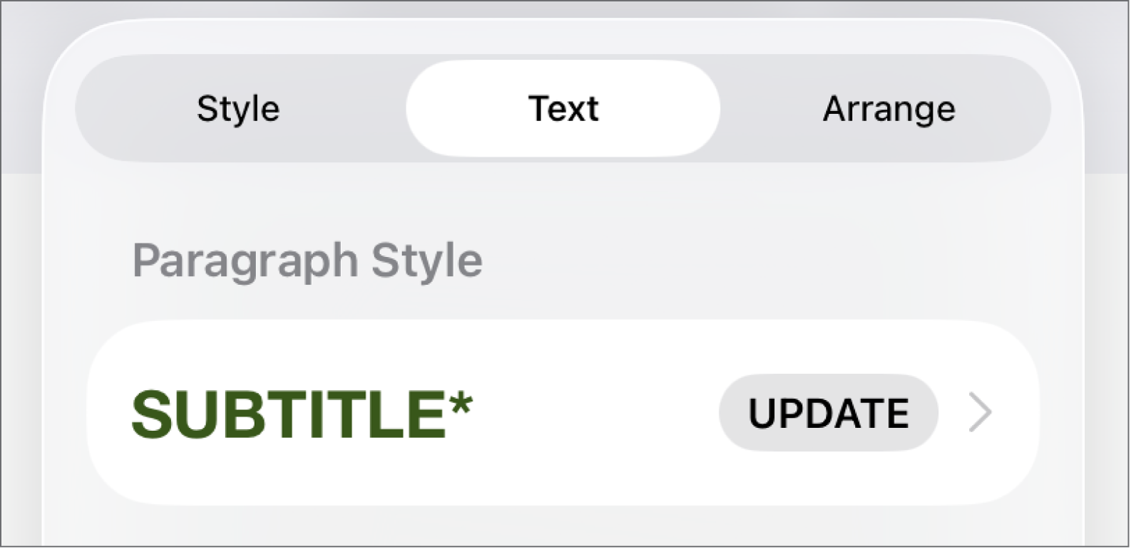 A paragraph style with an asterisk next to it and an Update button on the right.