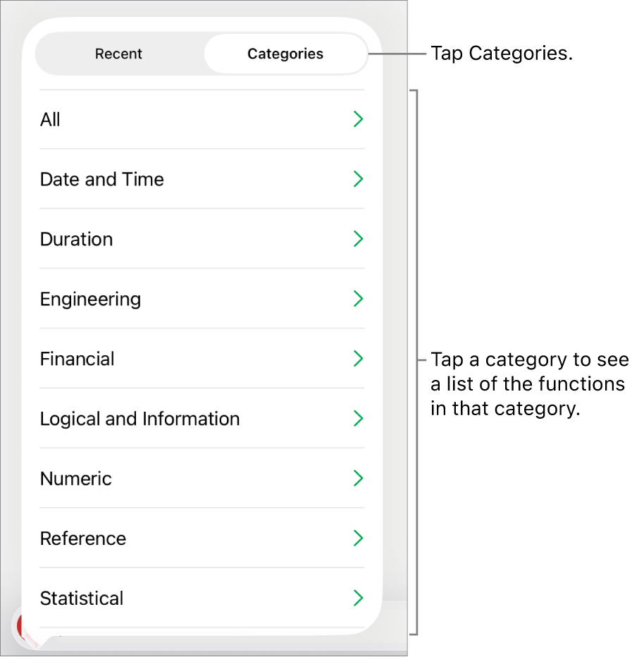 The Functions Browser with the Categories button selected and the list of categories below.