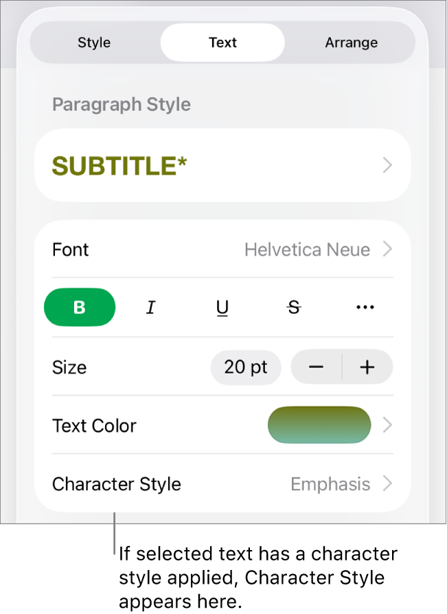 The Text formatting controls with Character Style below the Colour controls. The character style None appears with an asterisk.