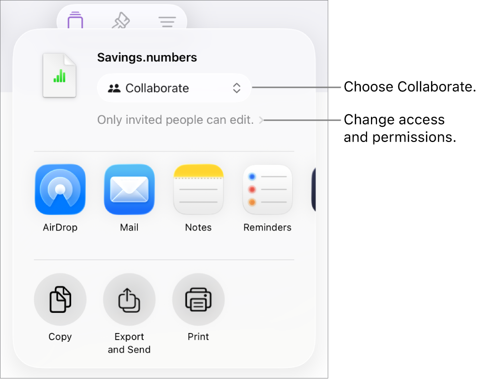 The Share menu with Collaborate selected at the top, and access and permission settings underneath.