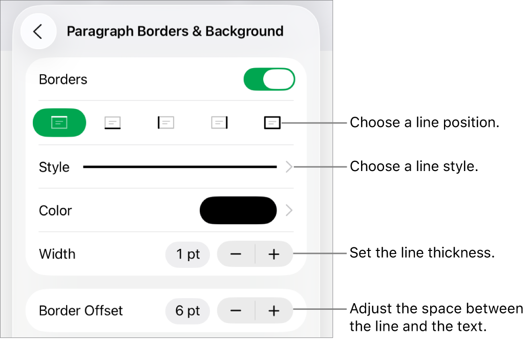 Controls to change the line style, thickness, position and colour.