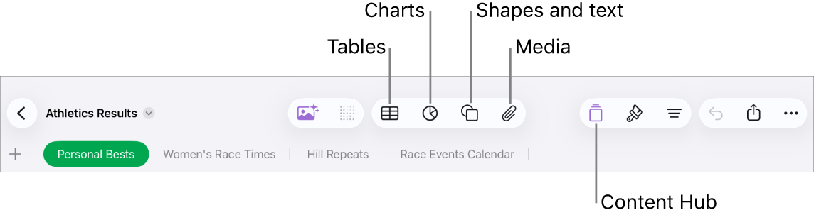The controls for adding an object, with buttons at the top to choose tables, charts, shapes (including lines and text boxes), and media.