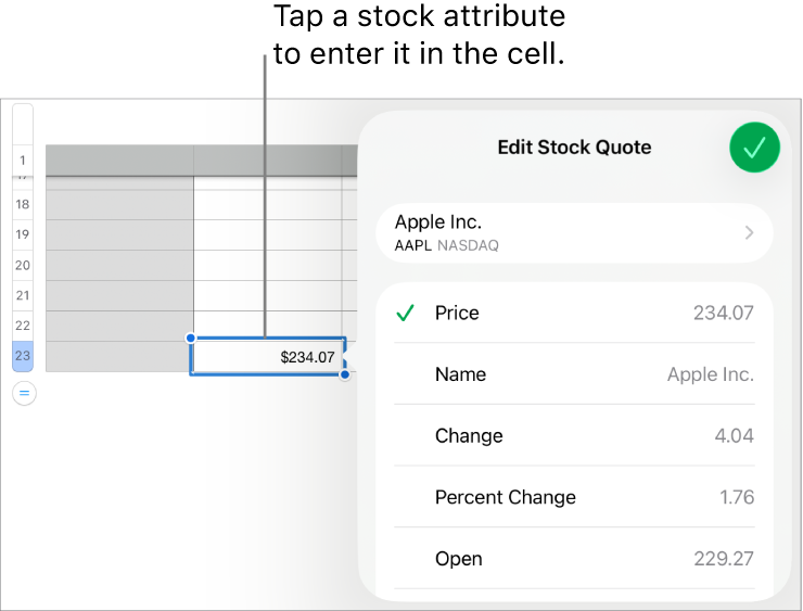 The stock quote pop-over, with the stock name at the top, and selectable stock attributes including price, name, change, per cent change, open and high listed below.