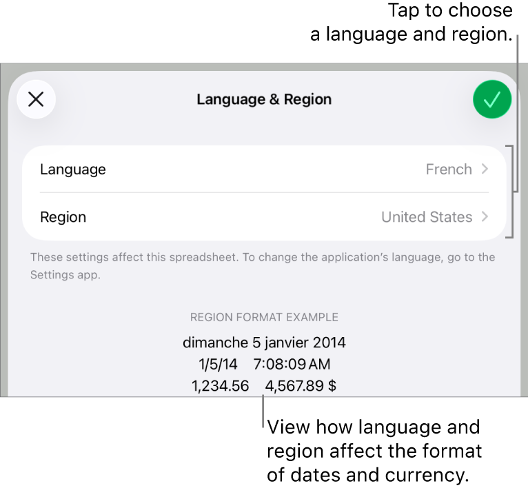 Language and Region pane with controls for language and region, and a format example including date, time, decimal and currency.