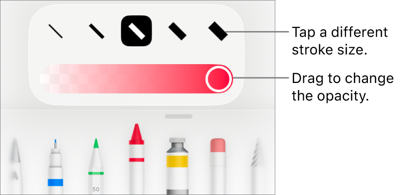 Controls for choosing a stroke size and a slider for adjusting the opacity.