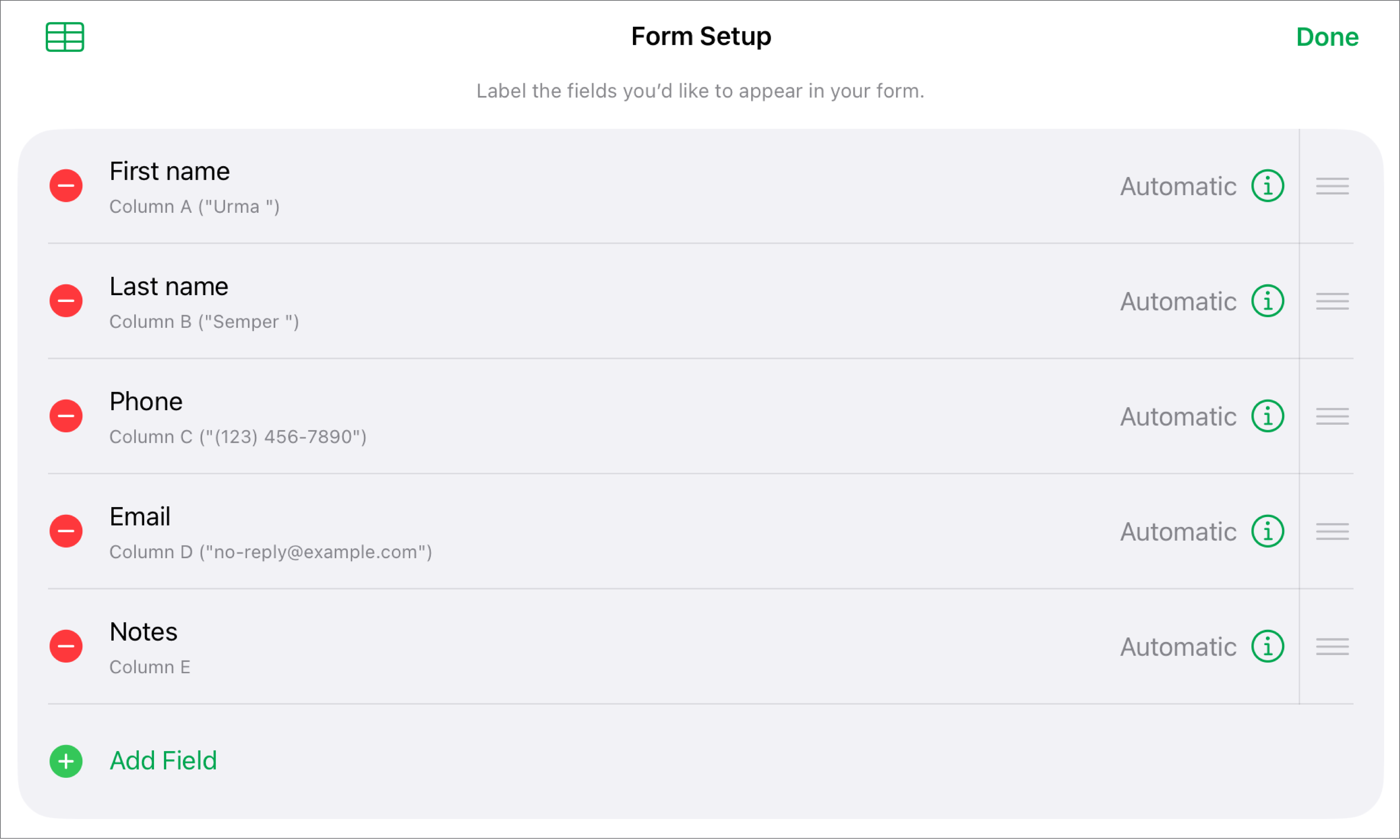 Form setup controls, showing options to add, edit, reorder and delete fields, as well as to change the format of fields (such as from Text to Percentage).
