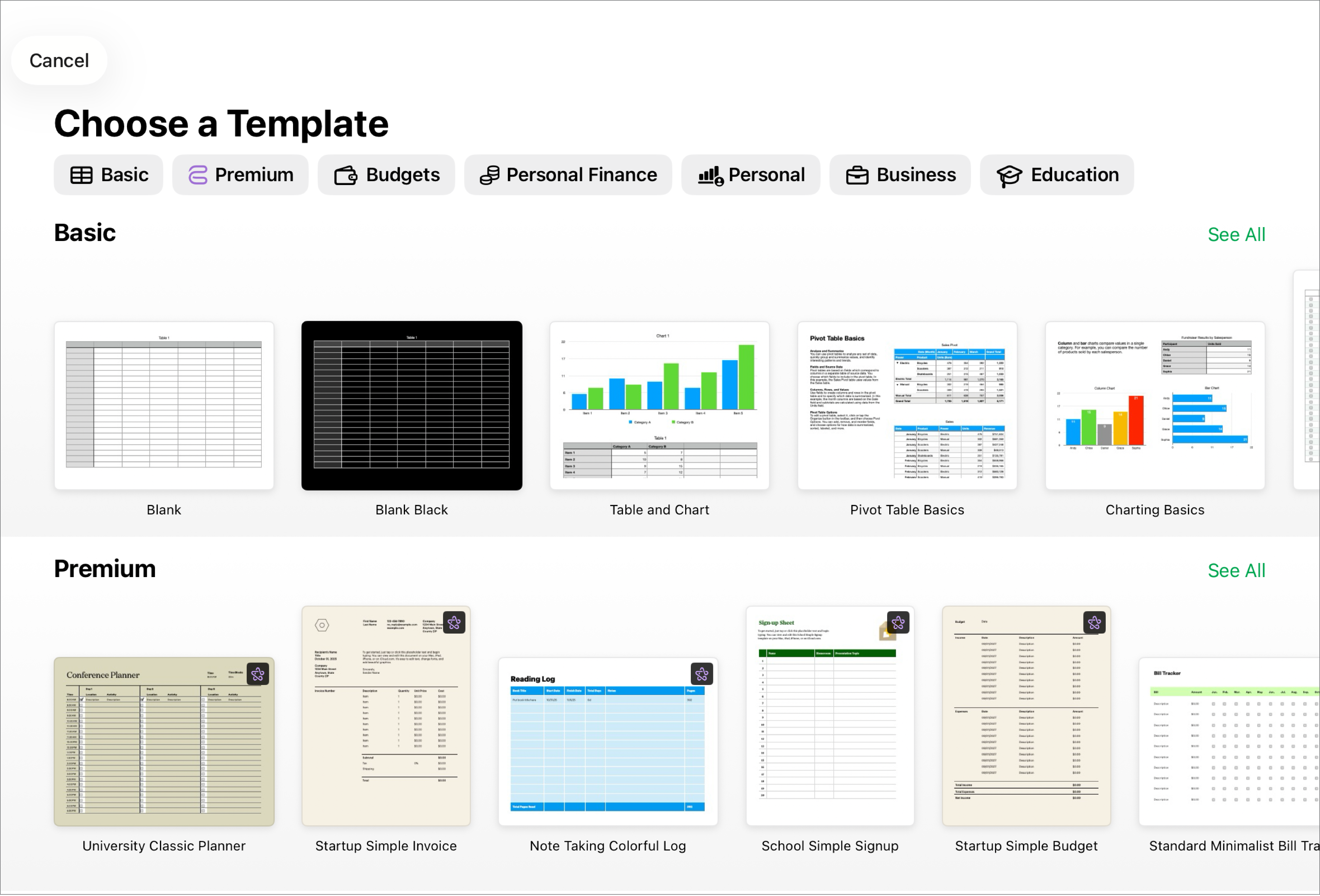 The template chooser, showing a row of categories across the top that you can tap to filter the options. Below are thumbnails of pre-designed templates arranged in rows by category, starting with Basic at the top and followed by Personal Finance, Personal, Business and Education. A See All button appears above and to the right of each category row. The Cancel button is in the top-left corner.