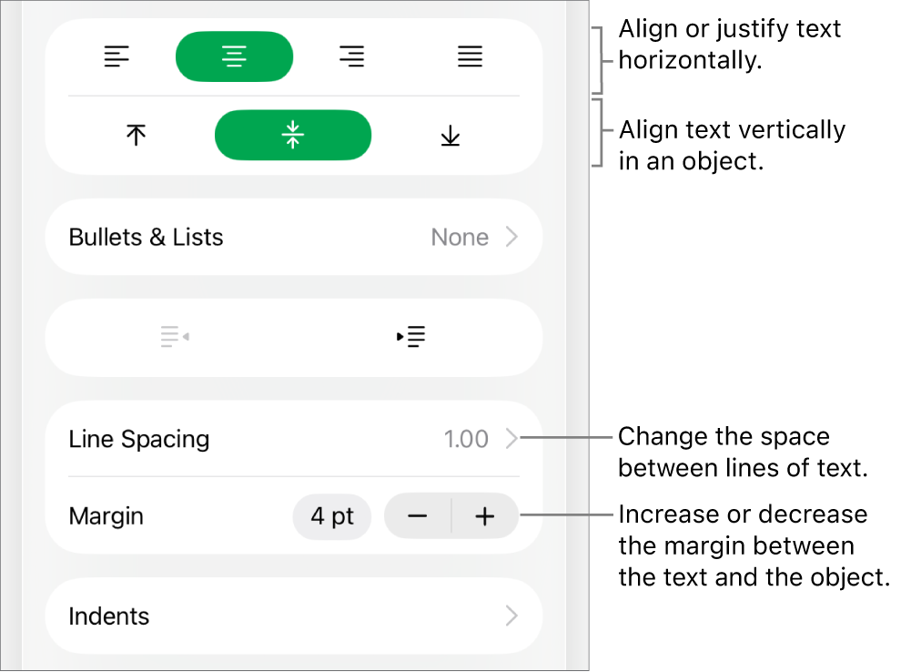 The Layout section of the Format inspector with callouts to the text alignment and spacing buttons.