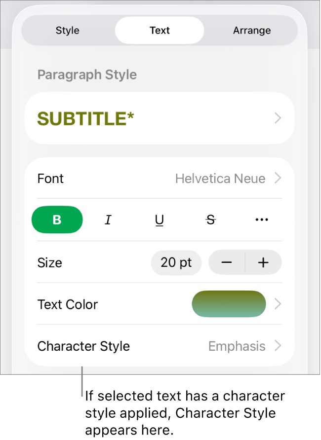 The Text formatting controls with Character Style below the Color controls. The character style None appears with an asterisk.